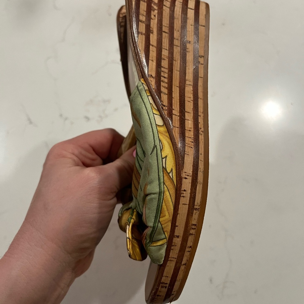 Salvatore Ferragamo Multicolor Silk Knot Wedge Slides - Green, Yellow, Brown - Picture 7 of 8